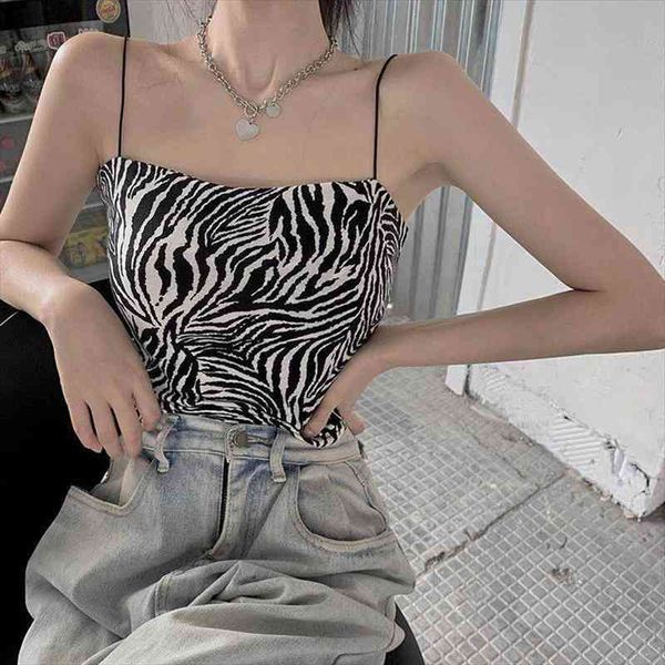 

zebra pattern tube sling women camis thin shoulder strap tight cropped, White