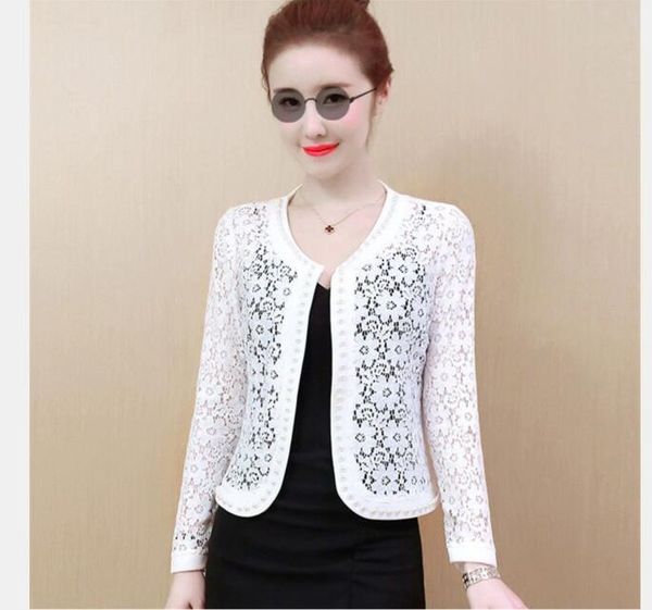 

women's jackets 1pcs/lot women long sleeve black hollow lace pearl jacket fashion sping autumn open stitch coat, Black;brown