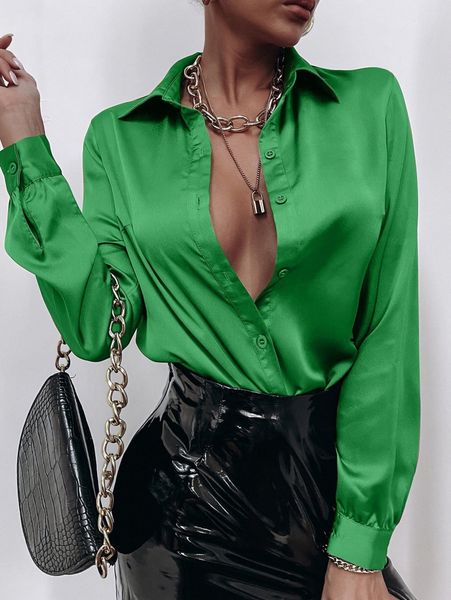 

satin solid button front blouse v28a#, White