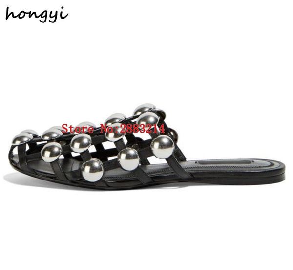 

runway fashion leather sandalias mules luxury slip on beading caged women studded flat slide sandals shoes slippers, Black