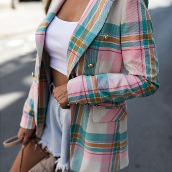 

women's suits & blazers autumn winter long-sleeved suit for women elegant quality lapel collar plaid one-button small blazer womens, White;black