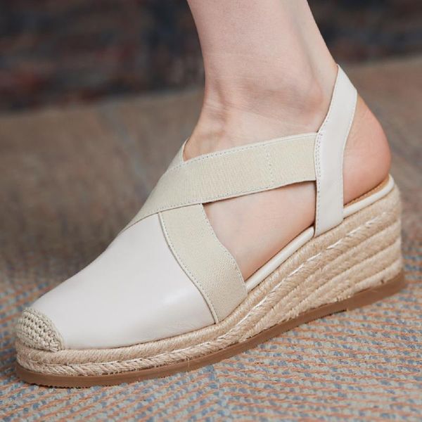 

dress shoes women's genuine leather elastic band round toe slip-on sandals wedge platform flats summer casual loafers leisure moccasins, Black