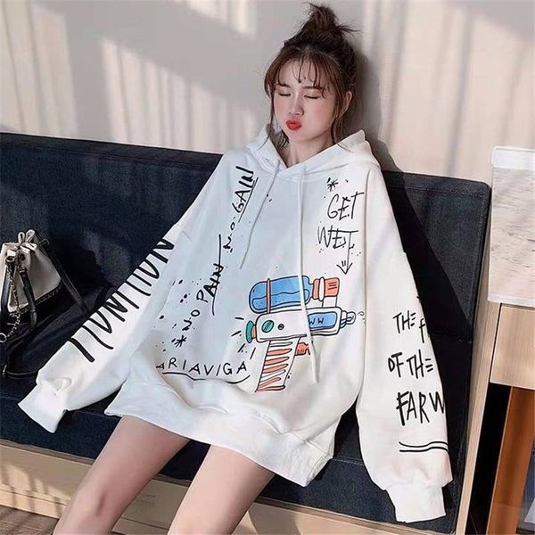 

women's hoodies & sweatshirts 2021 white women loose autumn long sleeve cute cartoon print harajuku hoodie streetwear kwaii oversized, Black