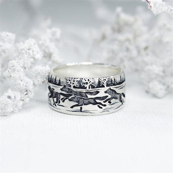 

cluster rings vintage wild wolf design for men jewelry fashion 925 sterling silver ring male charm accessories boyfriend, Golden;silver