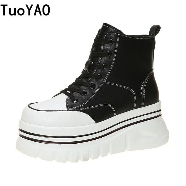 

boots women ankle platform winter ulzzang 7cm height increasing wedges shoes 2021 woman autumn thick sole leather sneakers, Black