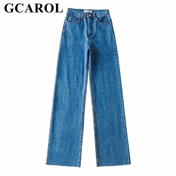 

gcarol women high waisted straight jeans wide leg pants with rough edge slim and sagging chic stylish bottom burr denim trousers 210915, Blue