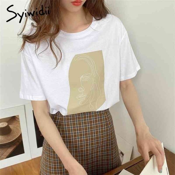

syiwidii women's t-shirts summer cotton short sleeve harajuku korean white o-neck blue character print woman t shirt 210324