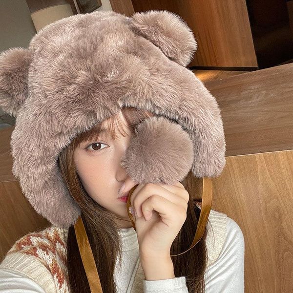 

berets the 2021 winter warmth thick imitation wool lei feng hat cute double ball bear ears windproof earmuffs plush, Blue;gray