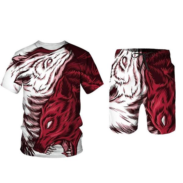 

men's tracksuits red animal wolf t-shirt shorts 2-piece set of summer sports anime 3d printing fashion casual beach loose oversize, Gray