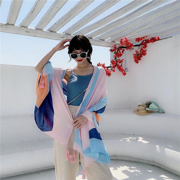

scarves dual-purpose scarf women's striped travel sunscreen beach towel national wind cotton and linen summer shade, Blue;gray