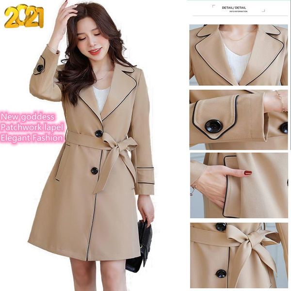 

women's trench coats ladies windbreaker 2021 autumn and winter mid-length fashion jacket splicing lapel design trendy temperament slim, Tan;black