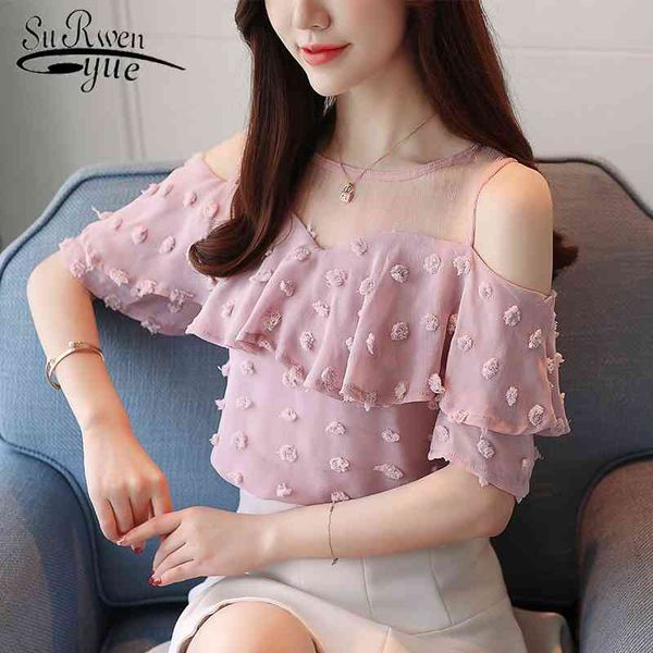 

summer fashion solid women blouses shirts o-collar lace off shoulder wavy ruffled sleeve chiffon shirt slim 0642 40 210427, White