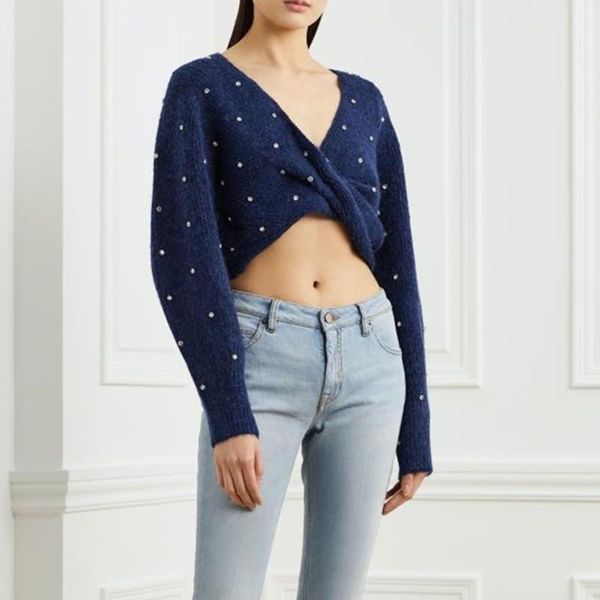 

rhinestone twisted sweater women's deep v long sleeve 2021 spring female pullovers sweaters, White;black
