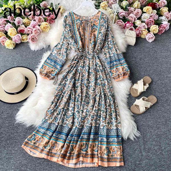 

autumn bohemian women dress tribal style printed flowers long-sleeved slim drawstring neck swing a-line floral long 210512, Black;gray