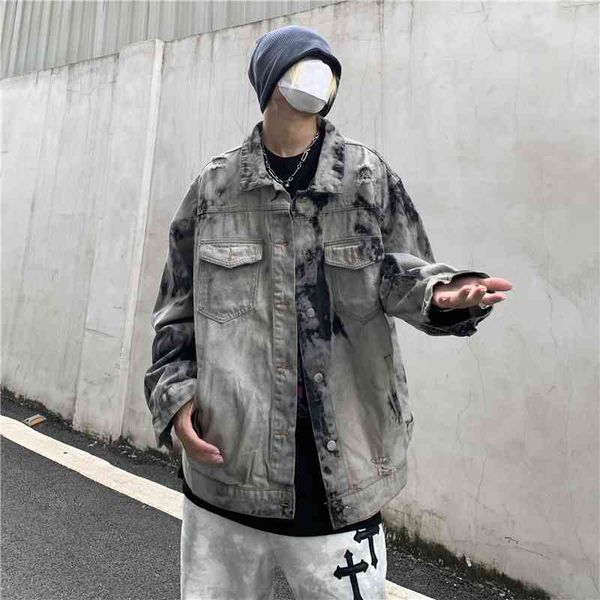 

high street washing old tie dyed denim jacket men's ins super fire fried street ruffian handsome couple casual coat trend, Black