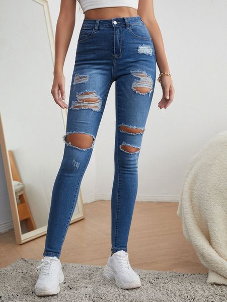 

zipper fly ripped detail jeans x52q#, Blue
