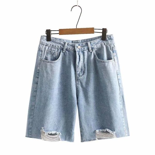 

plus size pants xl-4xl women's blue denim shorts casual wide leg summer with big holes&pockets, Black