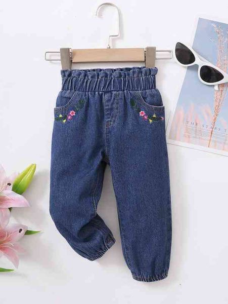 

baby paperbag waist floral embroidery jeans she, Blue