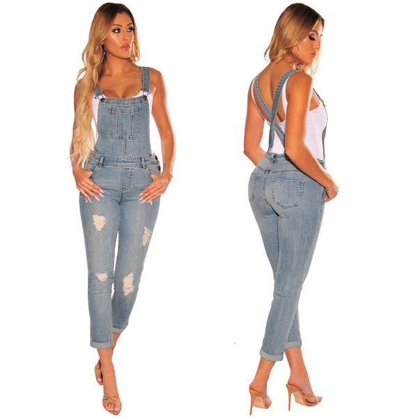 

2021 new fashion wear out no bullet slim women's jeans suspenders, White