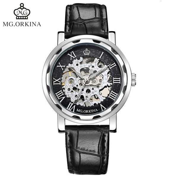 

manual mechanical watch hollow through belt men's ojina orkina watch, Slivery;brown