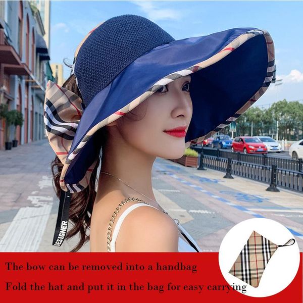 

spring and summer women's 15cm brimmed hat sun big anti-ultraviolet riding bucket foldabl wide brim hats, Blue;gray