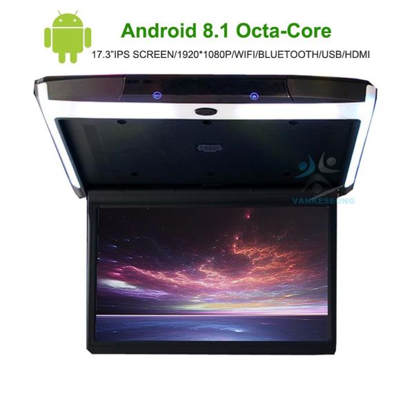 

car video 17.3" full hd android 9.0 roof mount monitor ceiling bt usb wifi