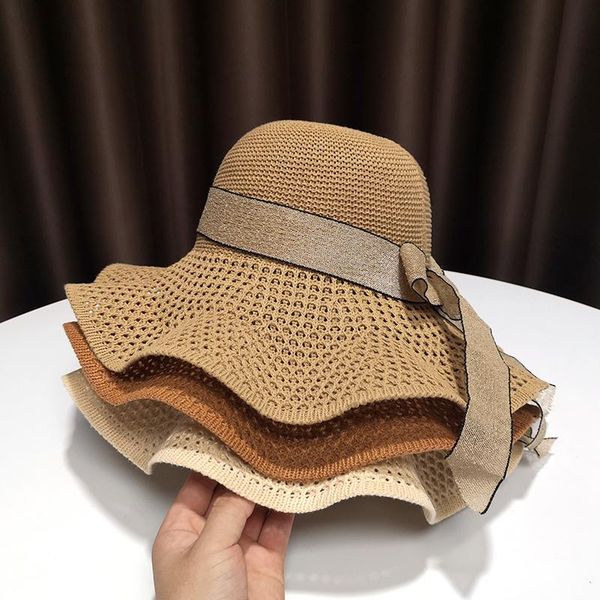

wide brim hats 2021 spring summer foldable bucket 7 colors women fashion elegant thin breathable sun caps all match bow beach hat, Blue;gray