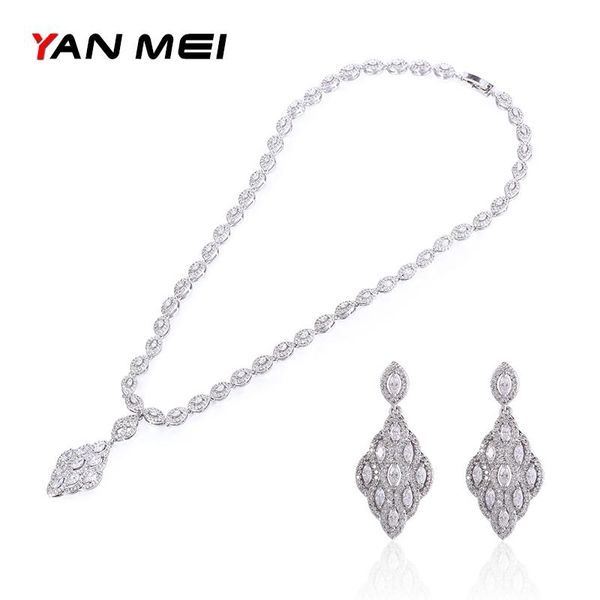 

earrings & necklace yan mei vintage square stone exquisite charm geometric cubic zirconia jewelry sets engagement gift gle6318, Silver