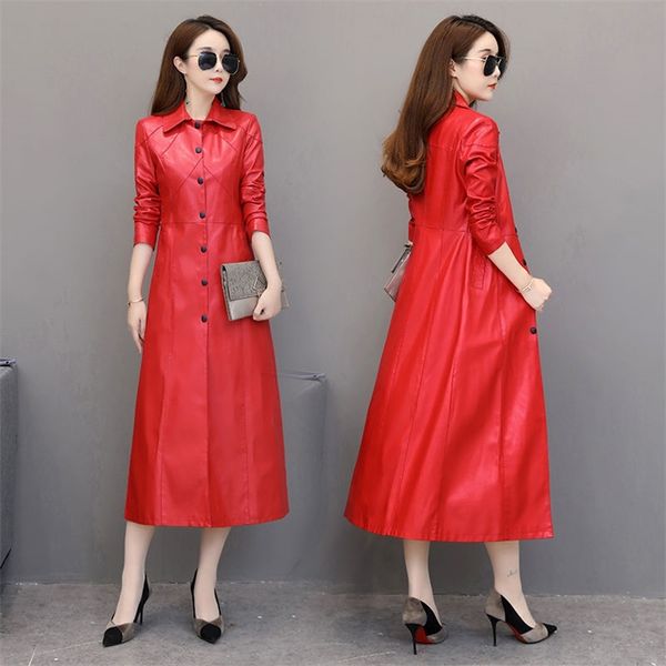 

autumn faux leather windbreaker women's pu overcoat vintage long temperament thick casual trench coat outwears 210519, Black