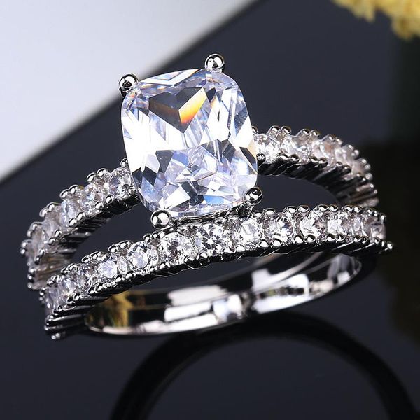 

wedding rings fashion geometric double ring fine jewelry zircon metal women jewellery accessories funny trendy for lovers, Slivery;golden