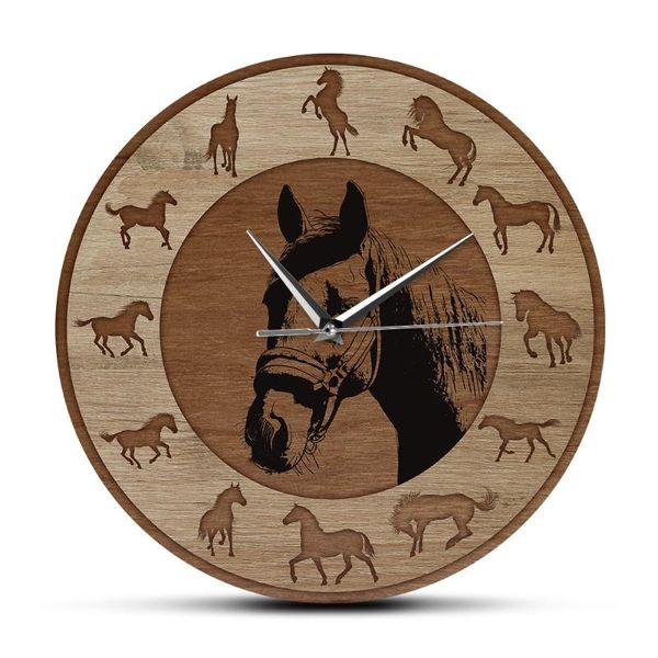 

farmhouse style horse silhouettes wall clock wood grain texture printed running horses art home decor equestrian gift clocks