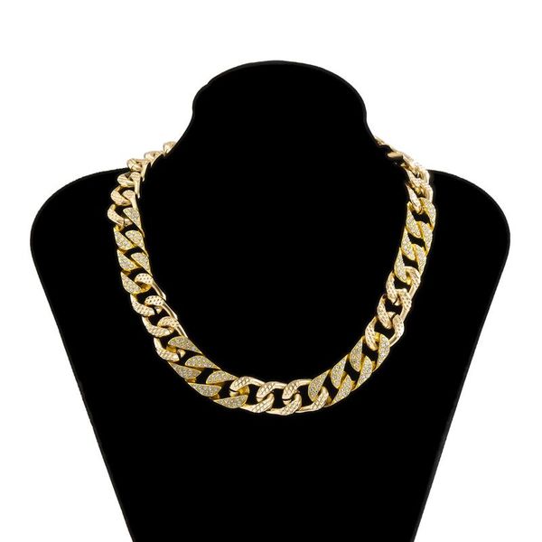 

punk style metal inlaid crystal frosted chain necklace with simple single layer full of rhinestones cuban buckle neckchain gift chokers, Golden;silver