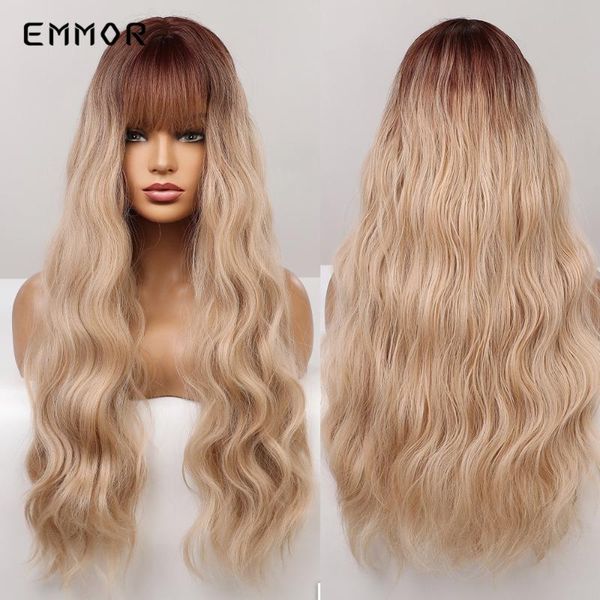 

synthetic wigs emmor ombre brown to blonde for women long water wave hair natural cosplay heat resistant fiber wavy wig, Black