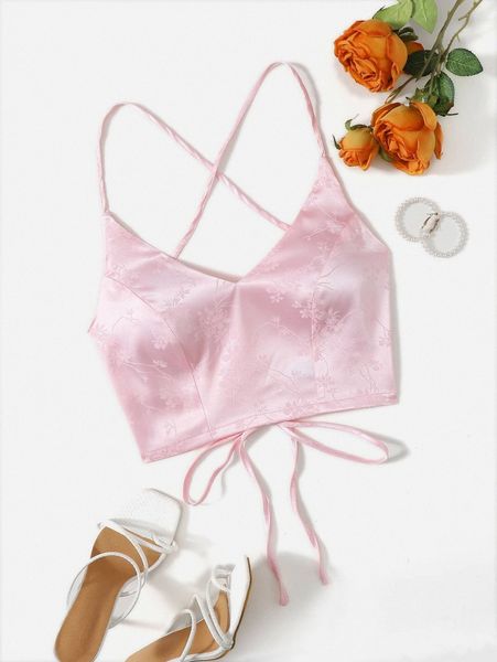 

satin lace up backless crop cami t2er#, White