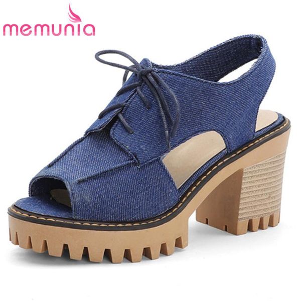 

arrival women sandals denim lace up square high heels summer casual shoes woman big size 43, Black
