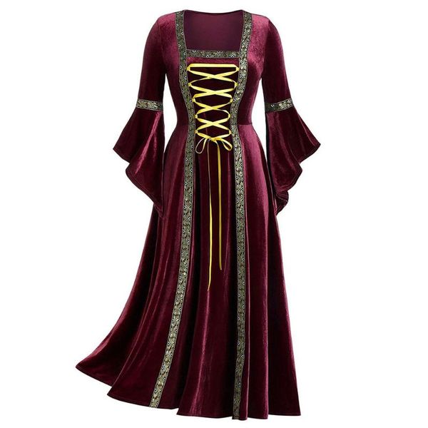 

ethnic clothing 2021 women's autumn dress classical retro banquet goth punk style solid color long-sleeved strap gold velvet dresses ro, Red