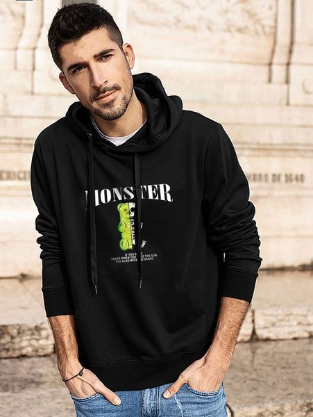 

men bear and slogan graphic drawstring hoodie p4mc#, Black