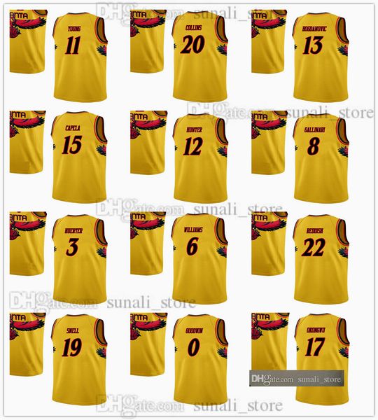 

2021 2022 city yellow basketball jersey trae young john collins bogdan bogdanovic de'andre hunter danilo gallinari kevin huerter lou wi, Black;red