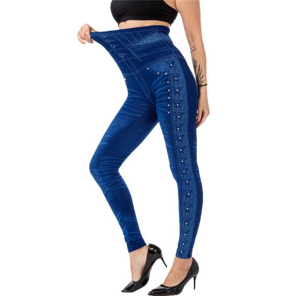 

women's leggings skinny women legging arrival 2021 high waist elastic jeans solid black blue imitation denim beaded slim trousers for f