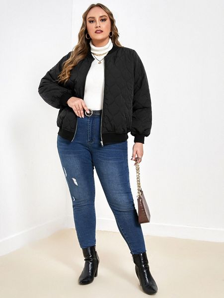 

plus zip up quilted bomber jacket w50y#, White