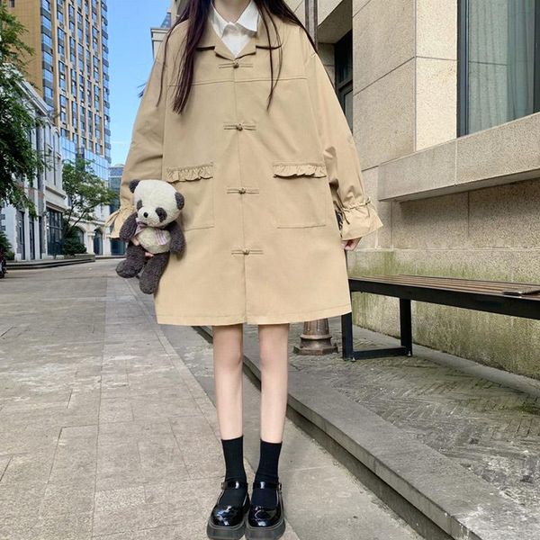 

women's trench coats autumn winter coat sweet student loose long sleeve lapel solid female windbreaker kawaii girl casual midi jacket, Tan;black