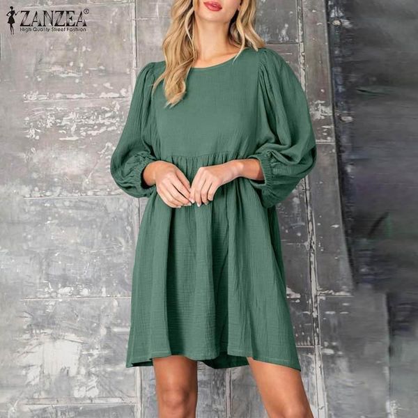 

casual dresses zanzea vintage women dress 2021 summer puff sleeve knee length vestidos solid a-line sundress ladies o-neck pleated robe, Black;gray
