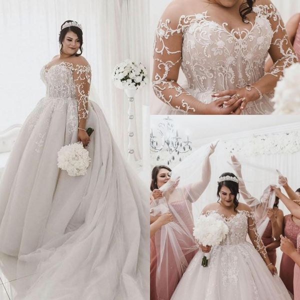 

2021 plus size wedding dresses long sleeves lace applique jewel neck custom made sweep train castle bridal gown vestido de novia, White