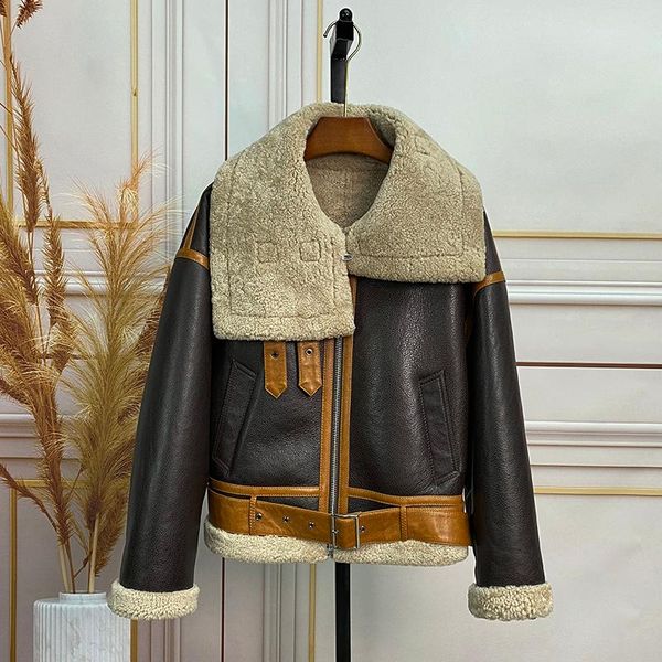 

women's fur & faux autumn winter locomotive imported genuine sheep skin leather coat women wool jacket short female streetwear luxury, Black