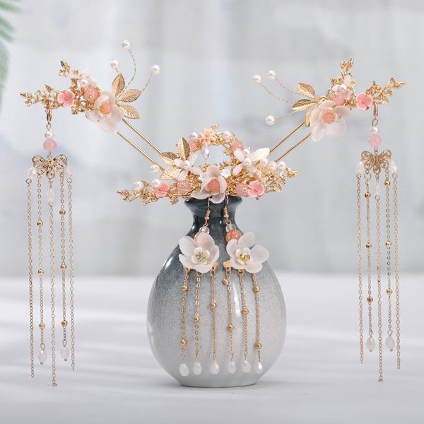 

party masks ancient style chinese hanfu headdress retro fairy long tassel hairpin step shaking flower hair stick kanzashi ornaments set