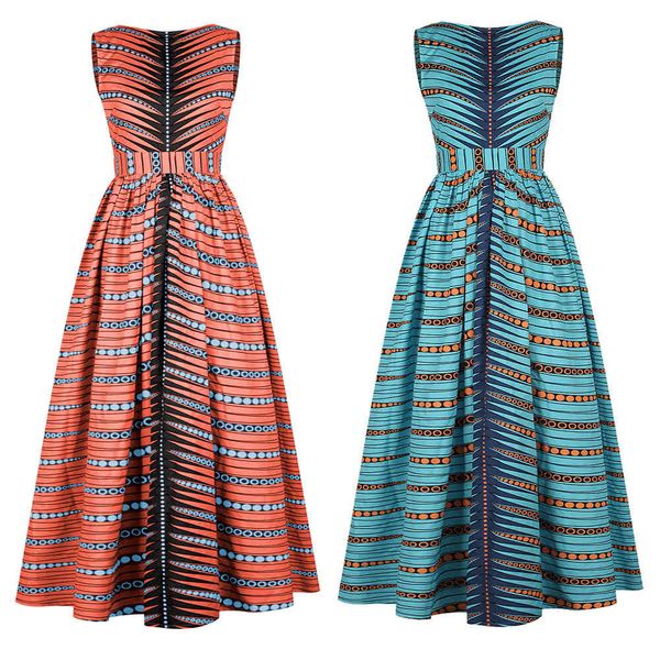 

ethnic print woman dress african dashiki long sleeveless casual women dresses vintage high waist robe big skirt 210524, Red