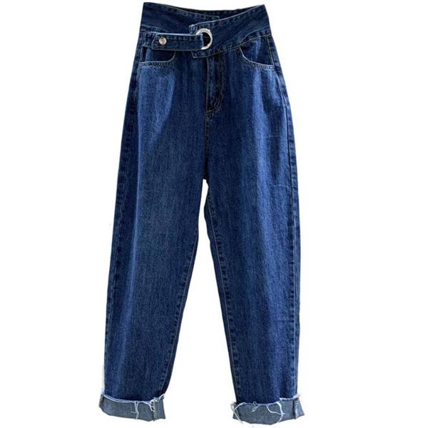 

women's jeans fashion vintage woman 2021 casual korean women with belt irregular high waist spring autumn harem pants, Blue