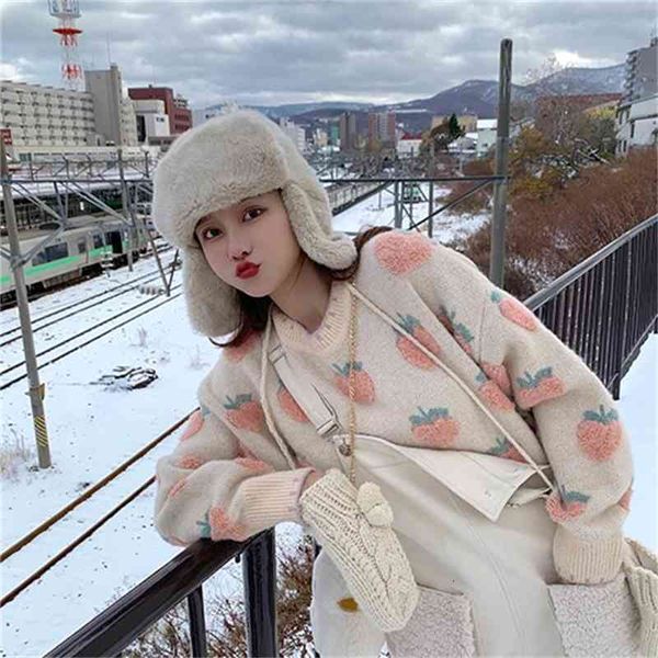 

women's sweaters spring winter sweet lolita cute pink cartoon strawberry peach snowflake knit women casual pullover loose sweater, White;black