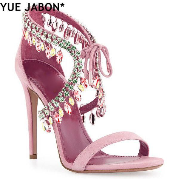 

luxury diamond crystal embellished fringed suede gladiator sandals women ankle tie stiletto high heels 10cm party shoes dress, Black