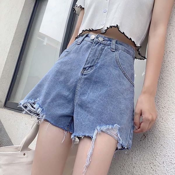 

summer women streetwear hole black denim shorts casual female high waist wide leg button blue jeans women's, White;black